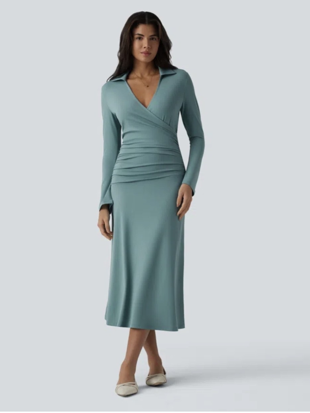 Halara Women's Blue V-Neck Wrap Midi Dress Ruched Long Sleeve Jersey M